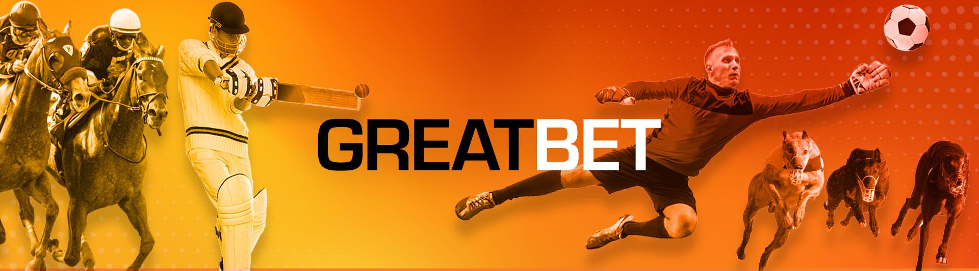 A yellow-orange image featuring the Greatbet logo, showcasing various sports, including a man placing a golf bet, a goalkeeper reaching for the ball, and horses racing.