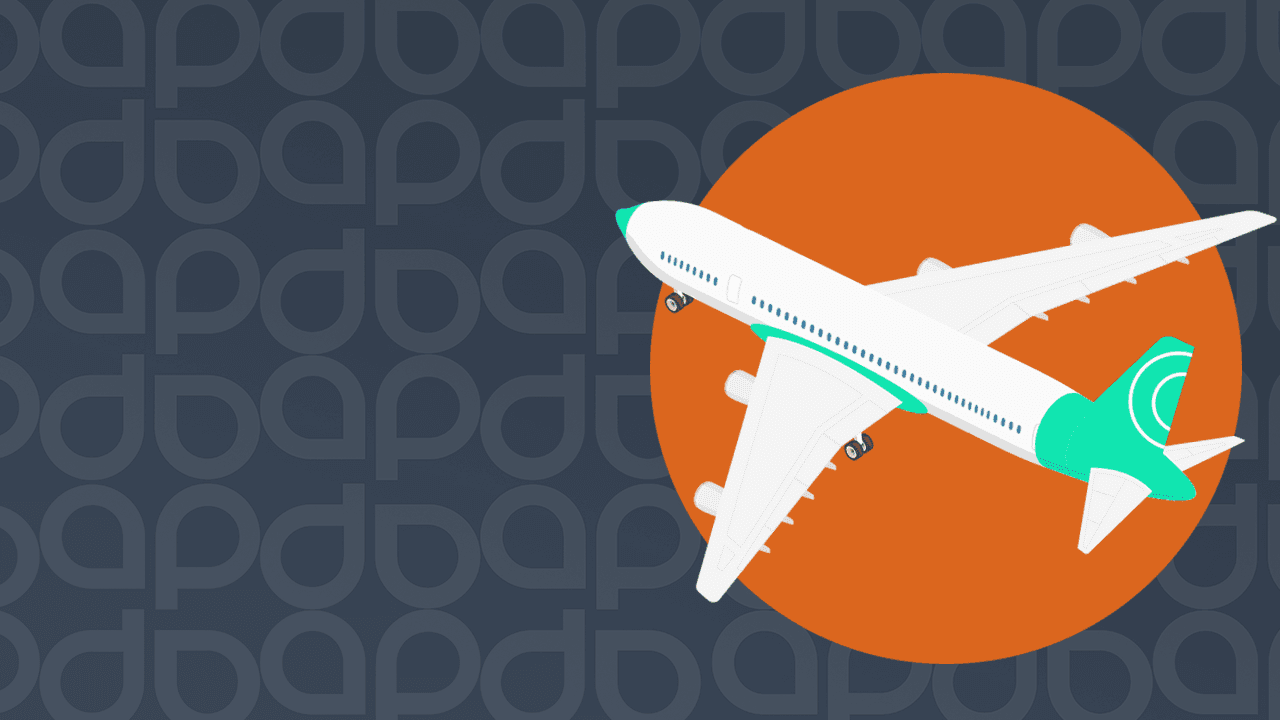 Illustration of an aeroplane inside an orange circle, representing Accelerated Payments' brand colour, with a subtle background pattern featuring the company's logo, incorporating the letters 'a' and 'p.'