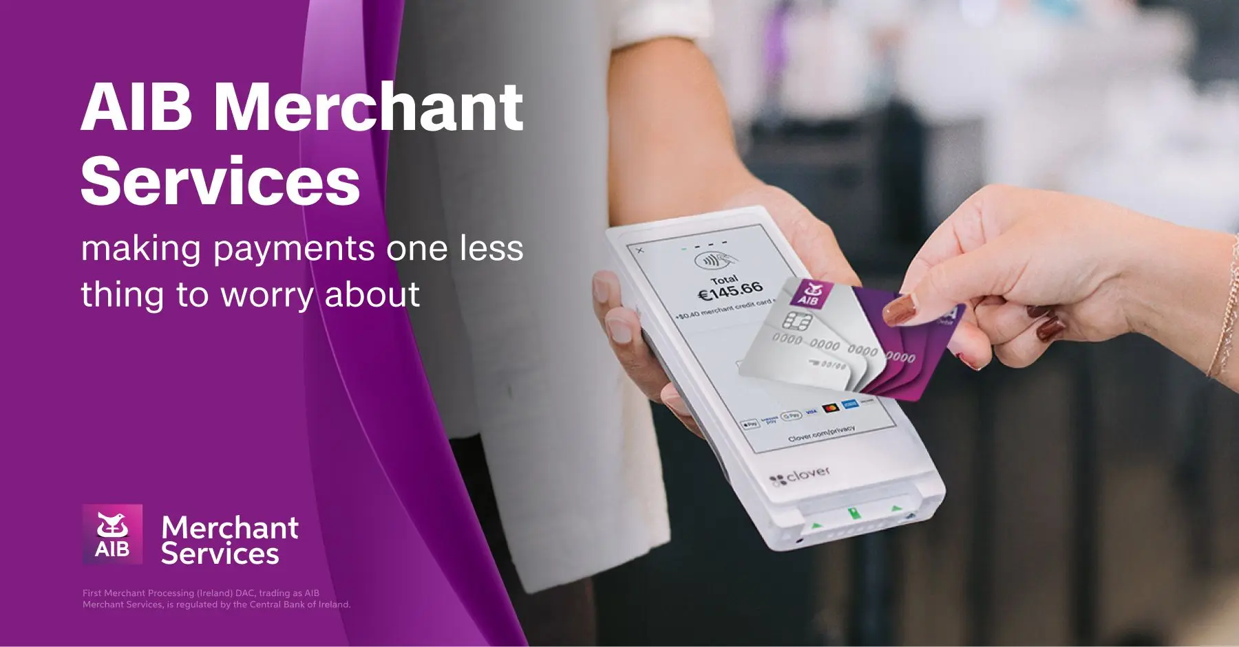 AIB Merchant Services promotional image showing a customer making a contactless card payment on a terminal, with the tagline 'making payments one less thing to worry about' on a purple background.